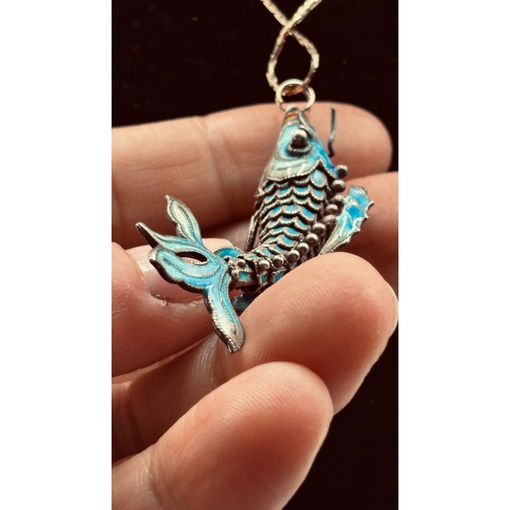 925 Vintage Cloisonne Articulated Koi Fish Pendant on Monet necklace